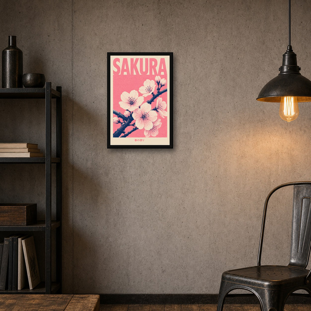 Sakura Blossom Pink Japanese Retro Poster Print - 2x3 room mockup