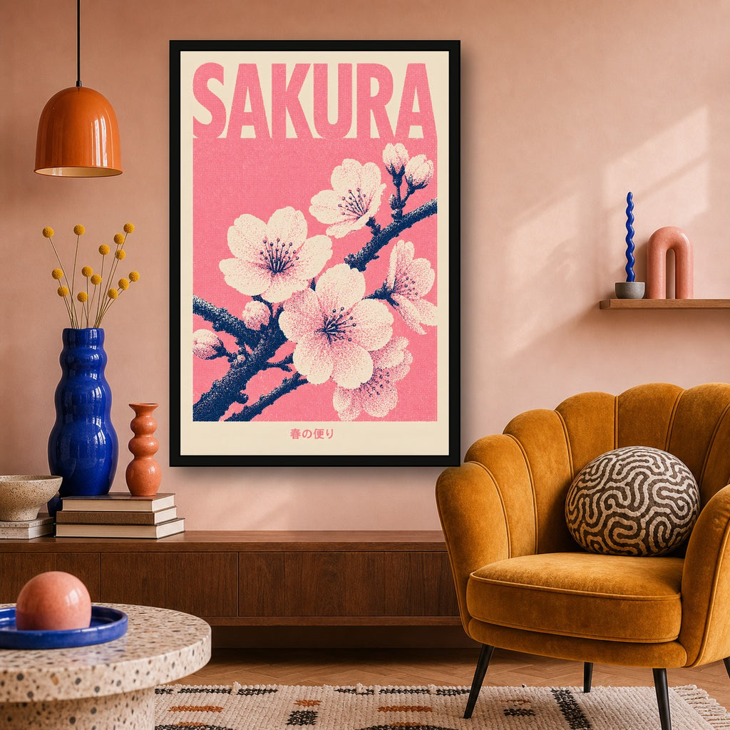 Sakura Blossom Pink Japanese Retro Poster Print - 2x3 room mockup