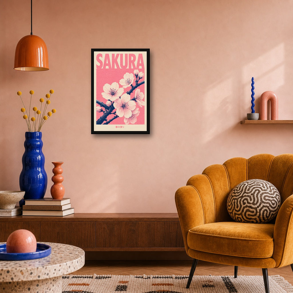 Sakura Blossom Pink Japanese Retro Poster Print - 2x3 room mockup