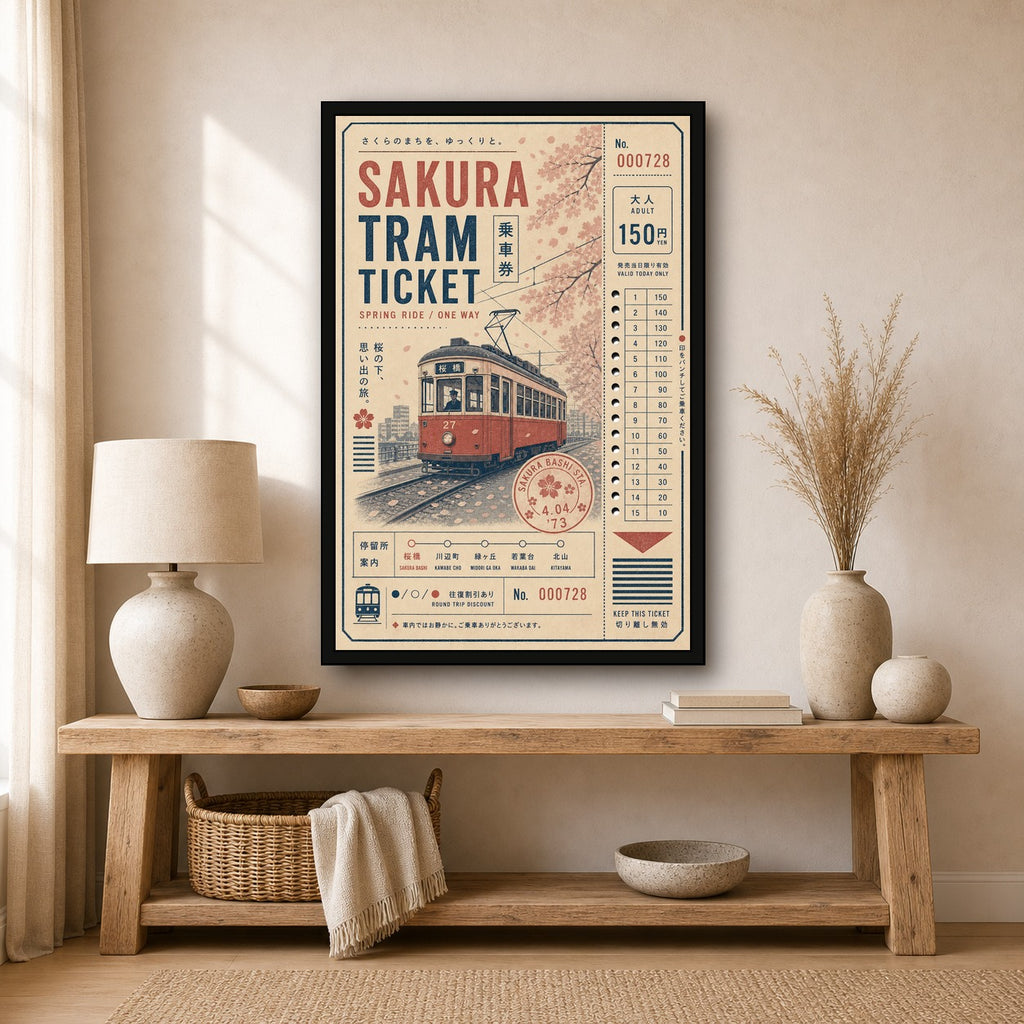 Sakura Tram Ticket Japanese Retro Poster Print - 2x3 room mockup