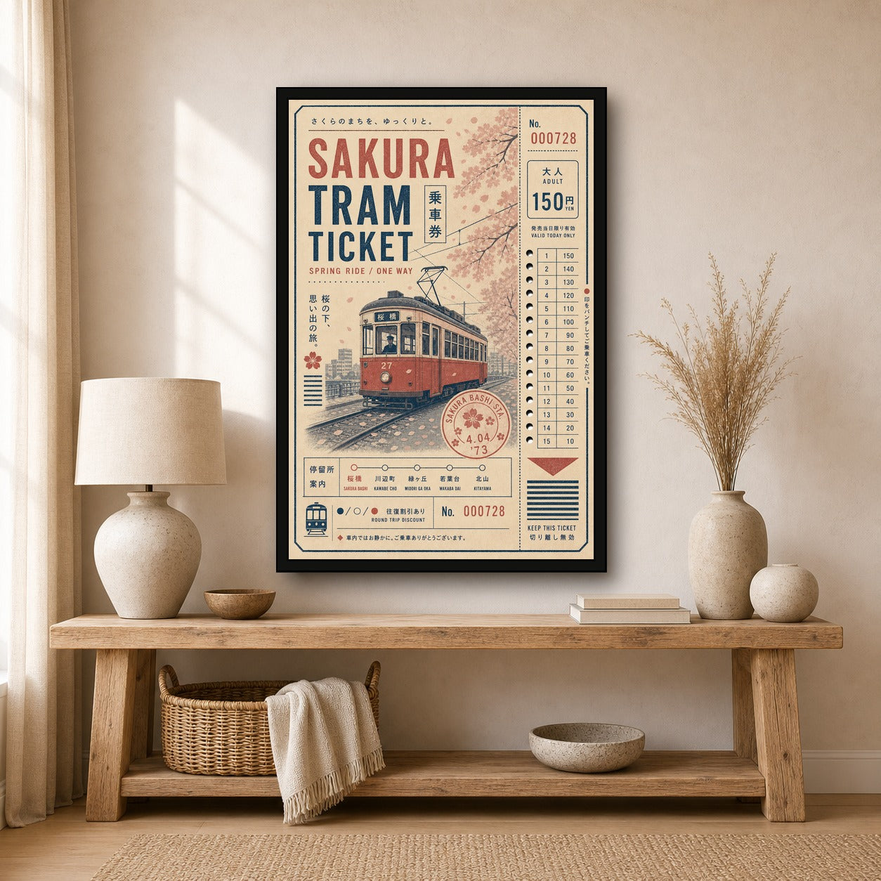 Sakura Tram Ticket Japanese Retro Poster Print - 2x3 room mockup