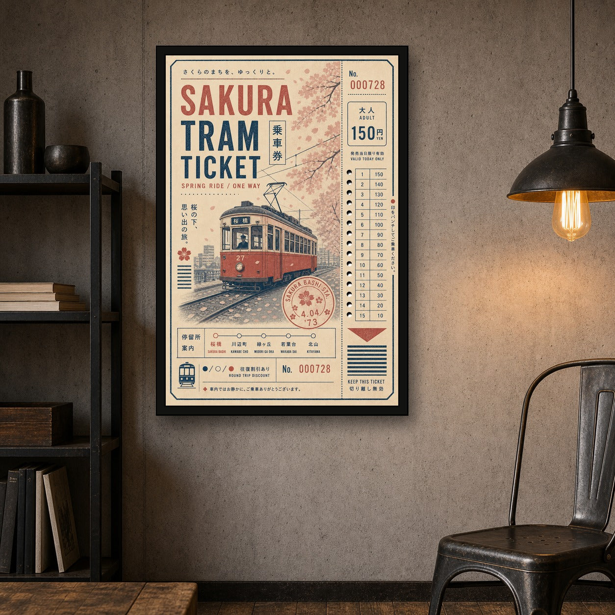 Sakura Tram Ticket Japanese Retro Poster Print - 2x3 room mockup