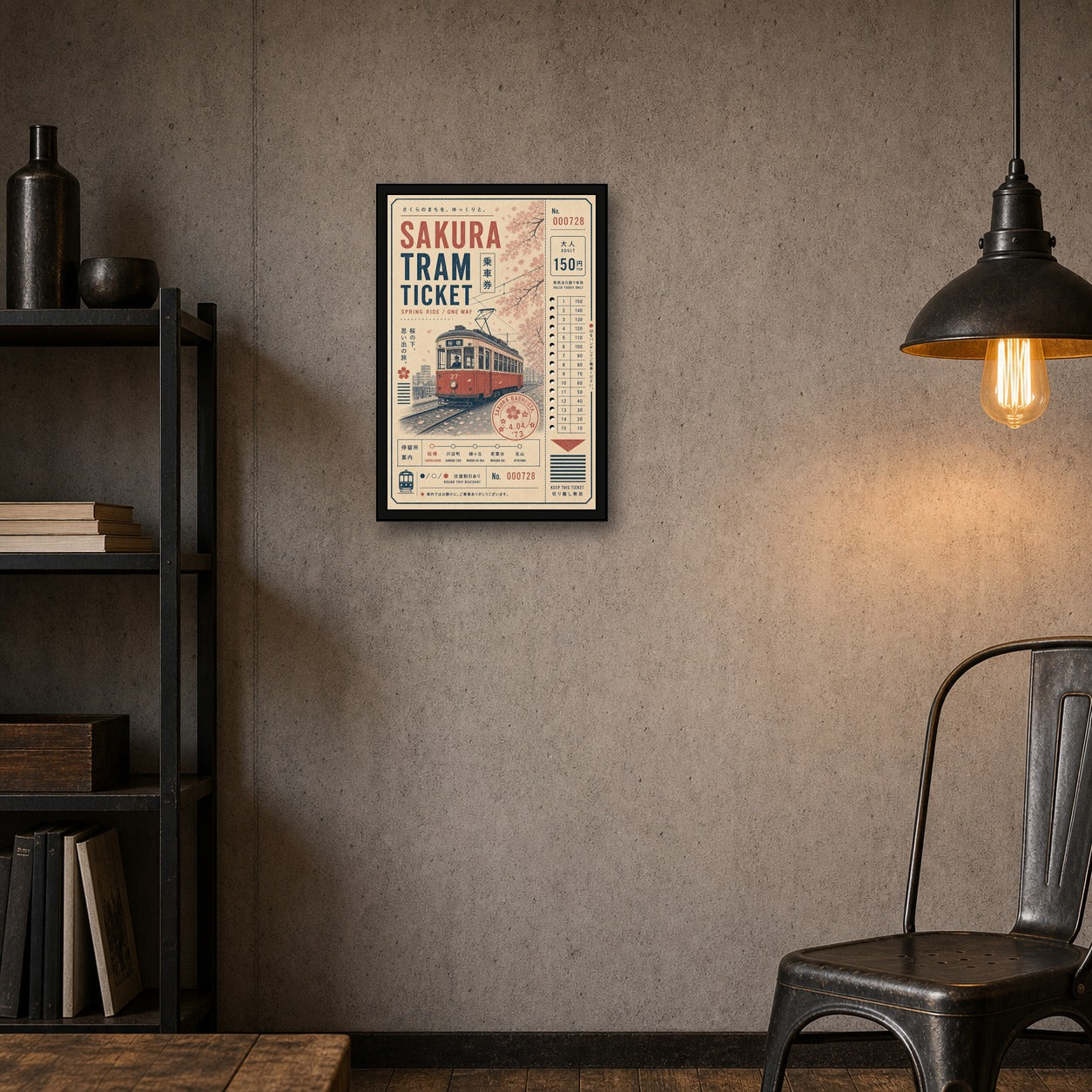 Sakura Tram Ticket Japanese Retro Poster Print - 2x3 room mockup