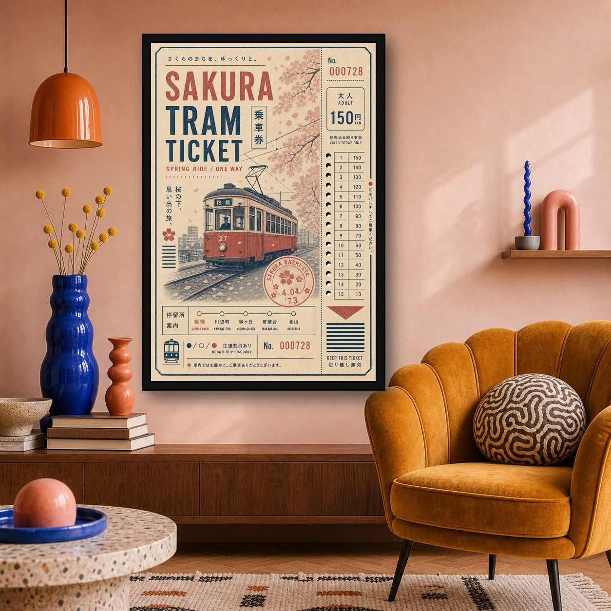 Sakura Tram Ticket Japanese Retro Poster Print - 2x3 room mockup