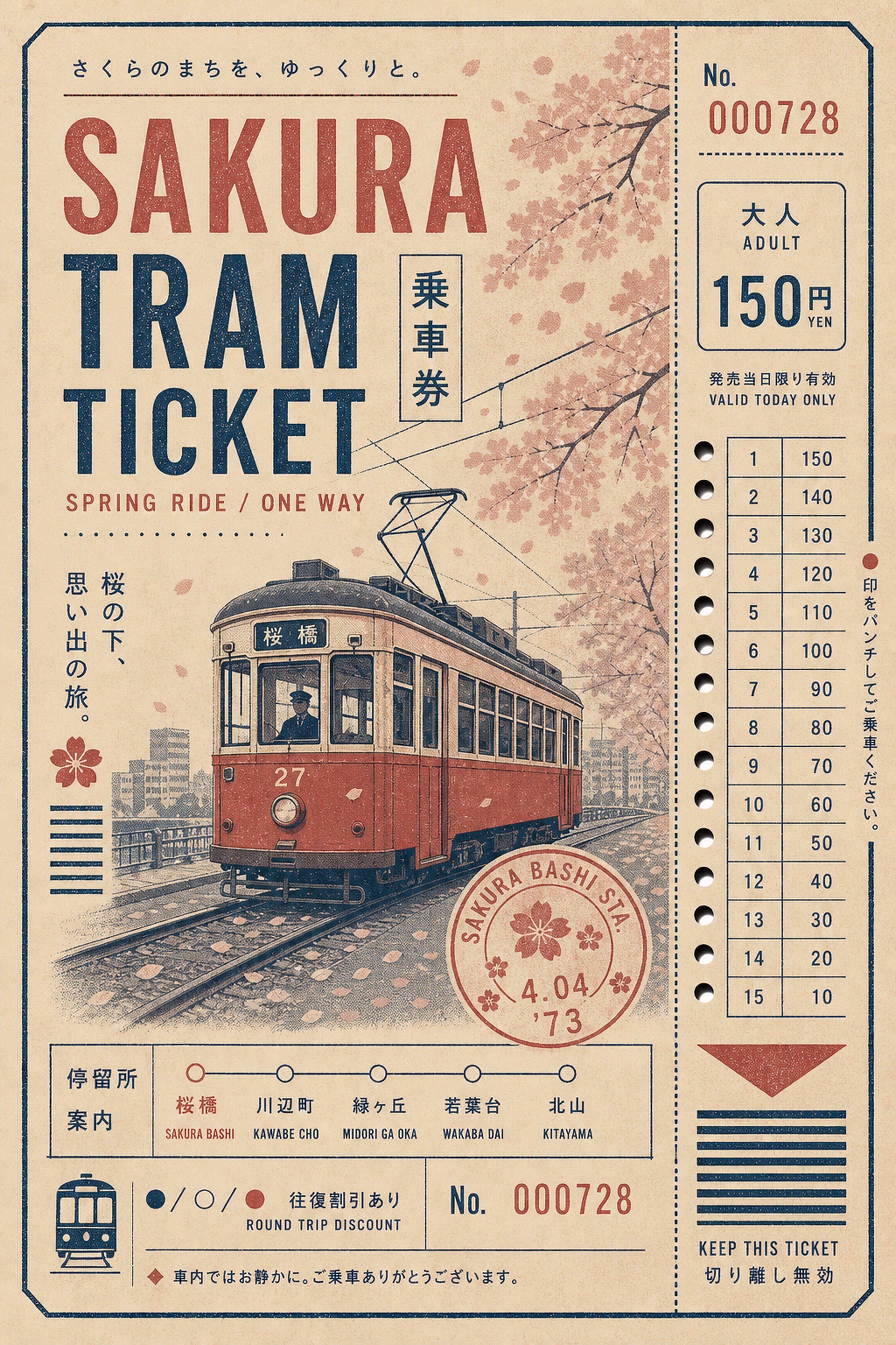 Sakura Tram Ticket Japanese Retro Poster Print