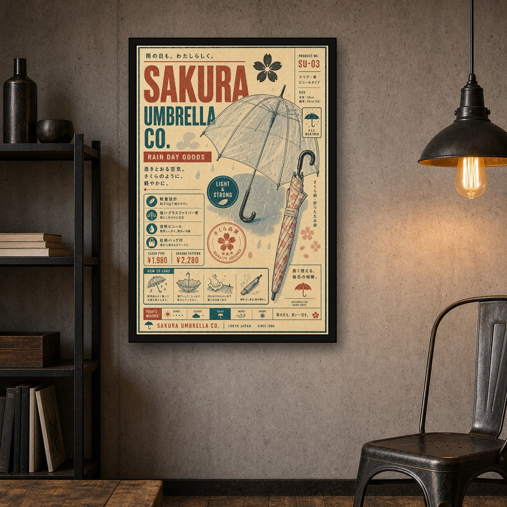 Sakura Umbrella Co Japanese Retro Poster Print - 2x3 room mockup