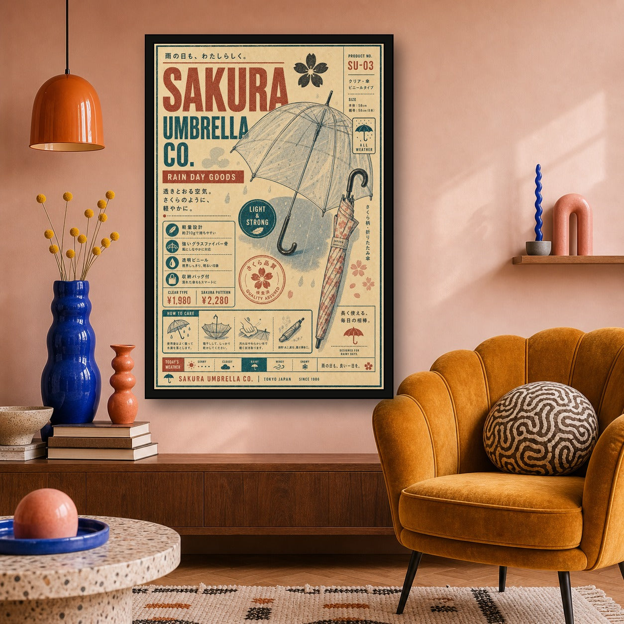 Sakura Umbrella Co Japanese Retro Poster Print - 2x3 room mockup