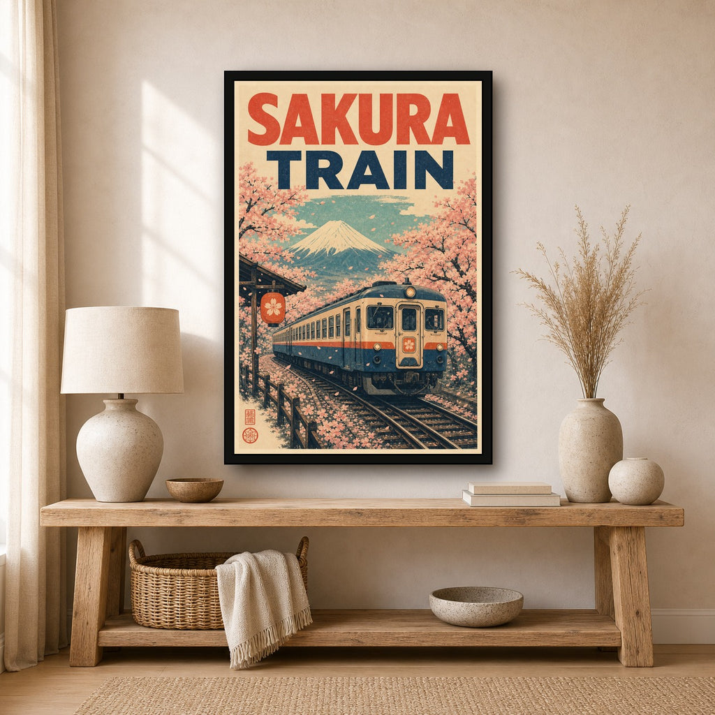 Sakuratrain Japanese Retro Poster Print - 2x3 room mockup