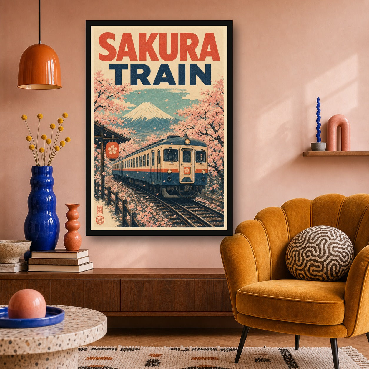 Sakuratrain Japanese Retro Poster Print - 2x3 room mockup