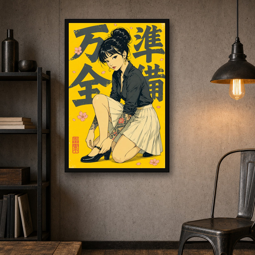 Schoolgirl Yellow Japanese Retro Poster Print - 2x3 room mockup