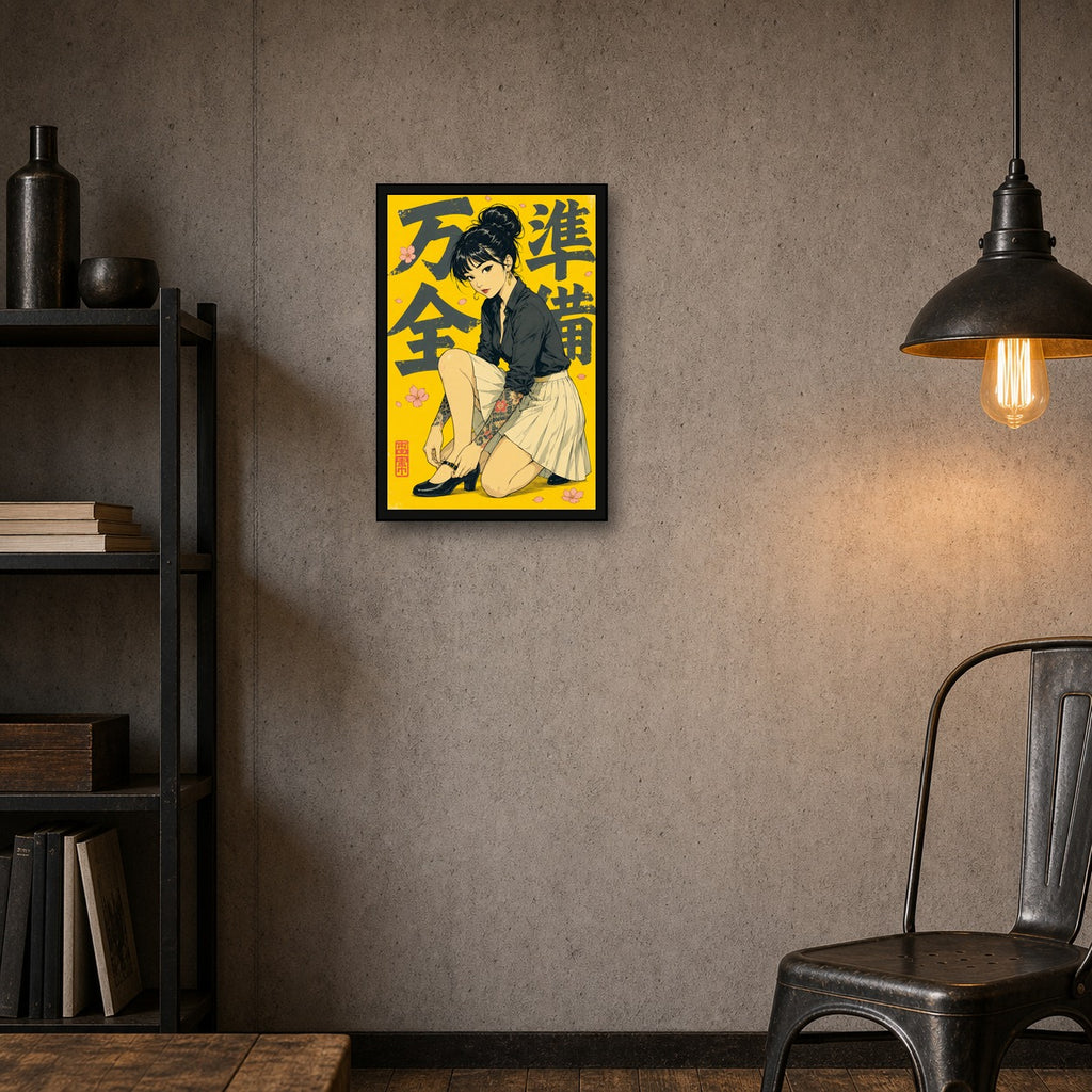 Schoolgirl Yellow Japanese Retro Poster Print - 2x3 room mockup