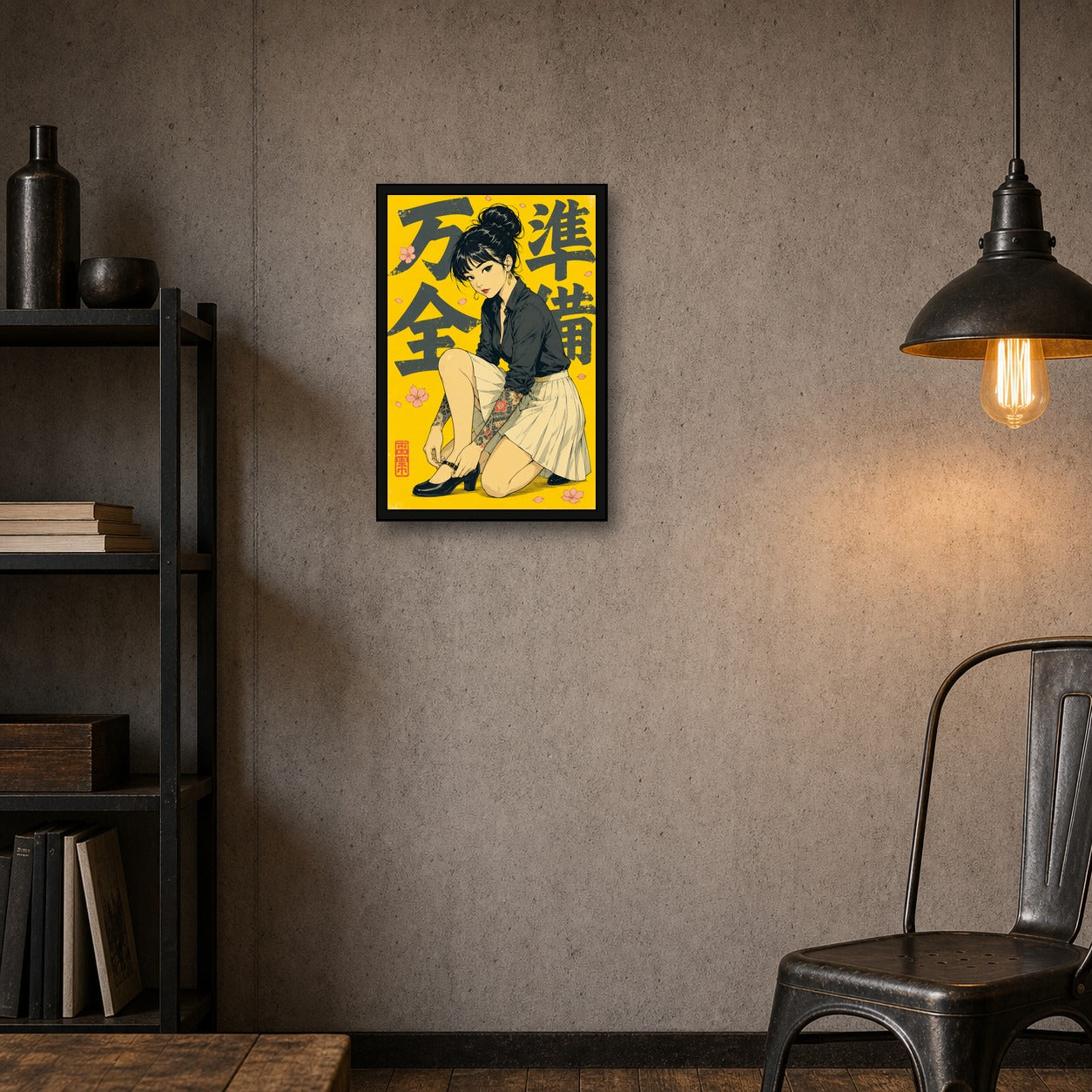 Schoolgirl Yellow Japanese Retro Poster Print - 2x3 room mockup