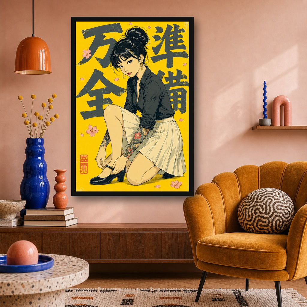 Schoolgirl Yellow Japanese Retro Poster Print - 2x3 room mockup