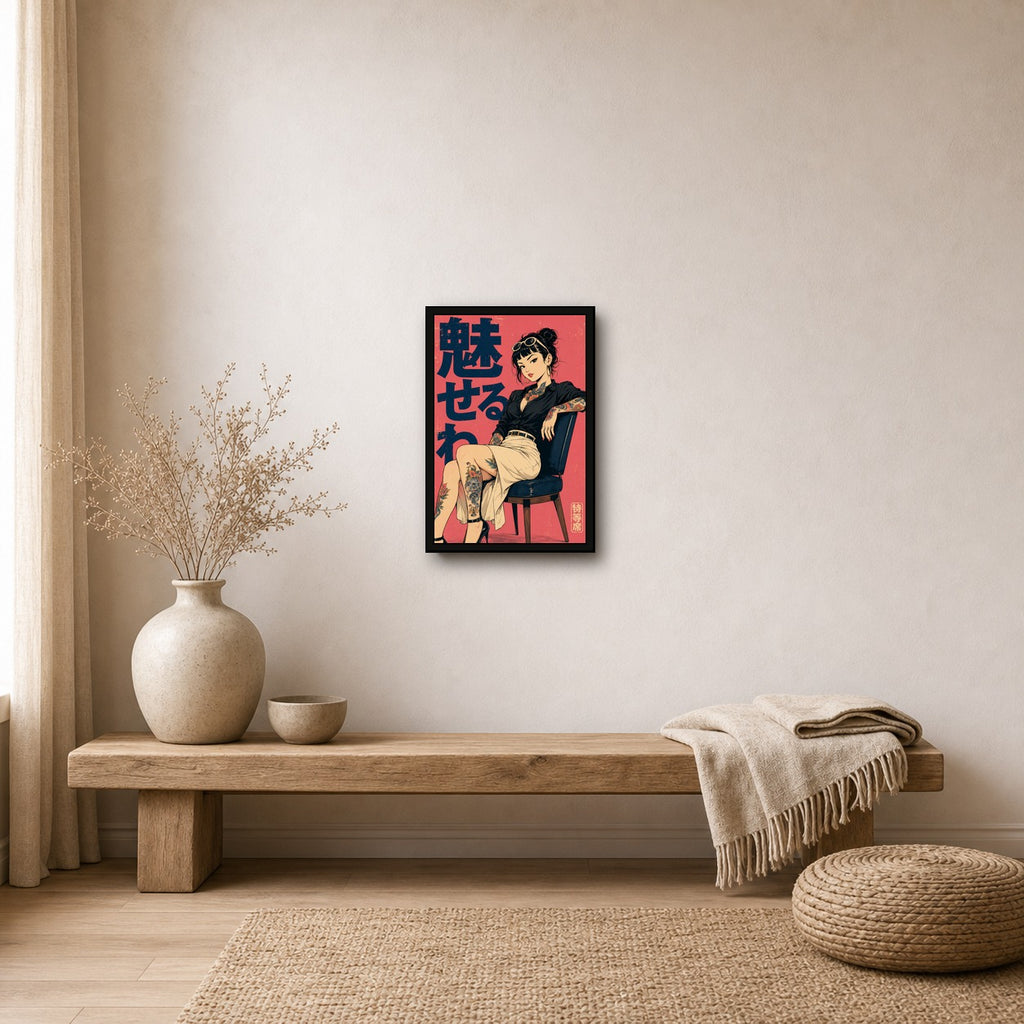 Seated Tattoo Girl Pink Japanese Retro Poster Print - 2x3 room mockup