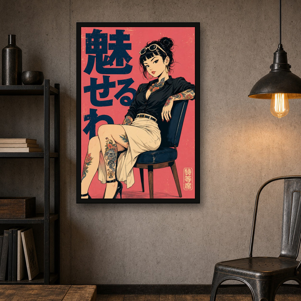 Seated Tattoo Girl Pink Japanese Retro Poster Print - 2x3 room mockup