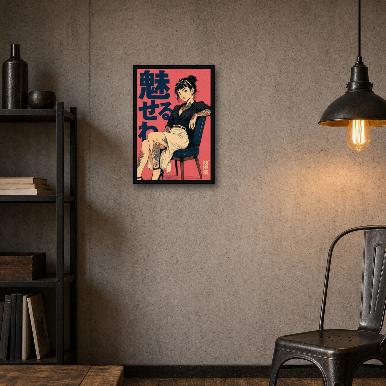 Seated Tattoo Girl Pink Japanese Retro Poster Print - 2x3 room mockup