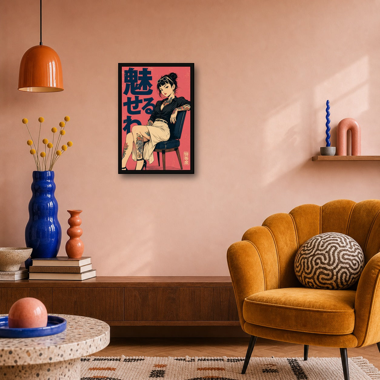 Seated Tattoo Girl Pink Japanese Retro Poster Print - 2x3 room mockup