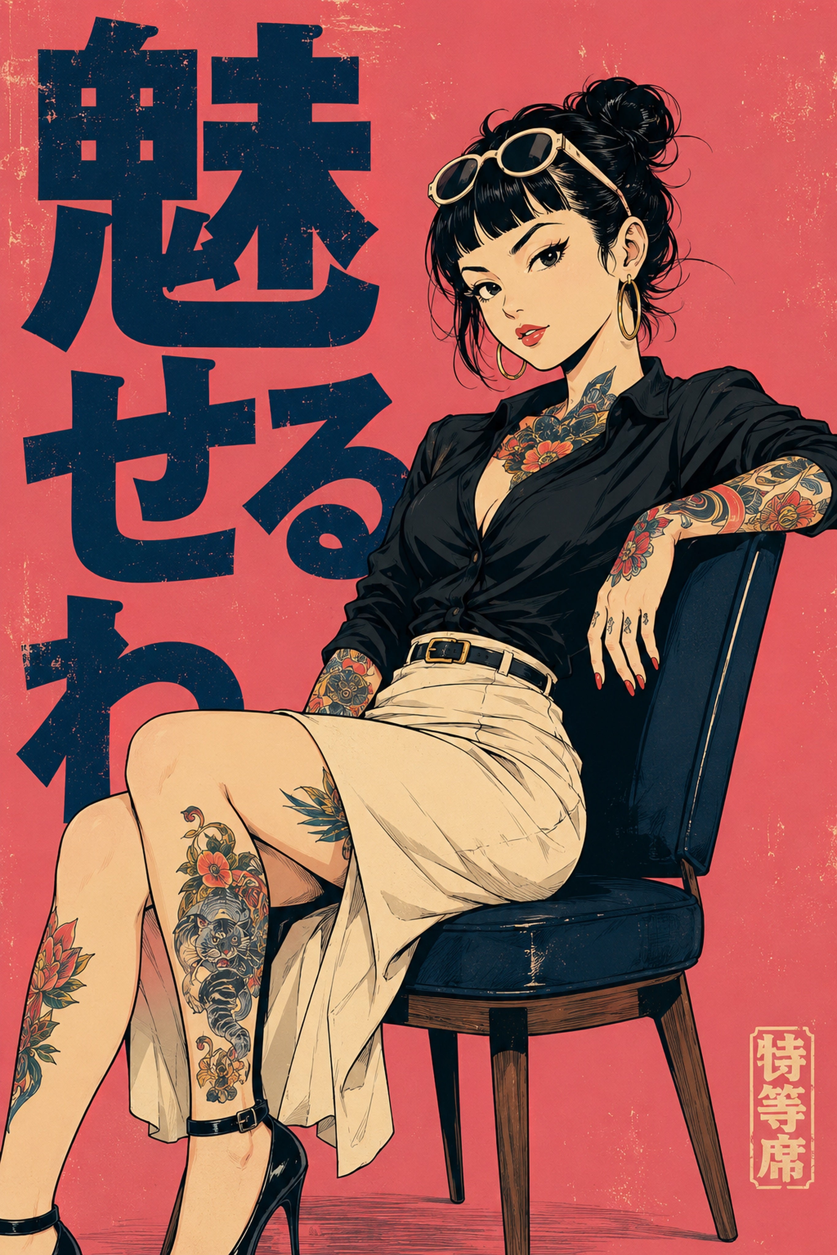 Seated Tattoo Girl Pink Japanese Retro Poster Print