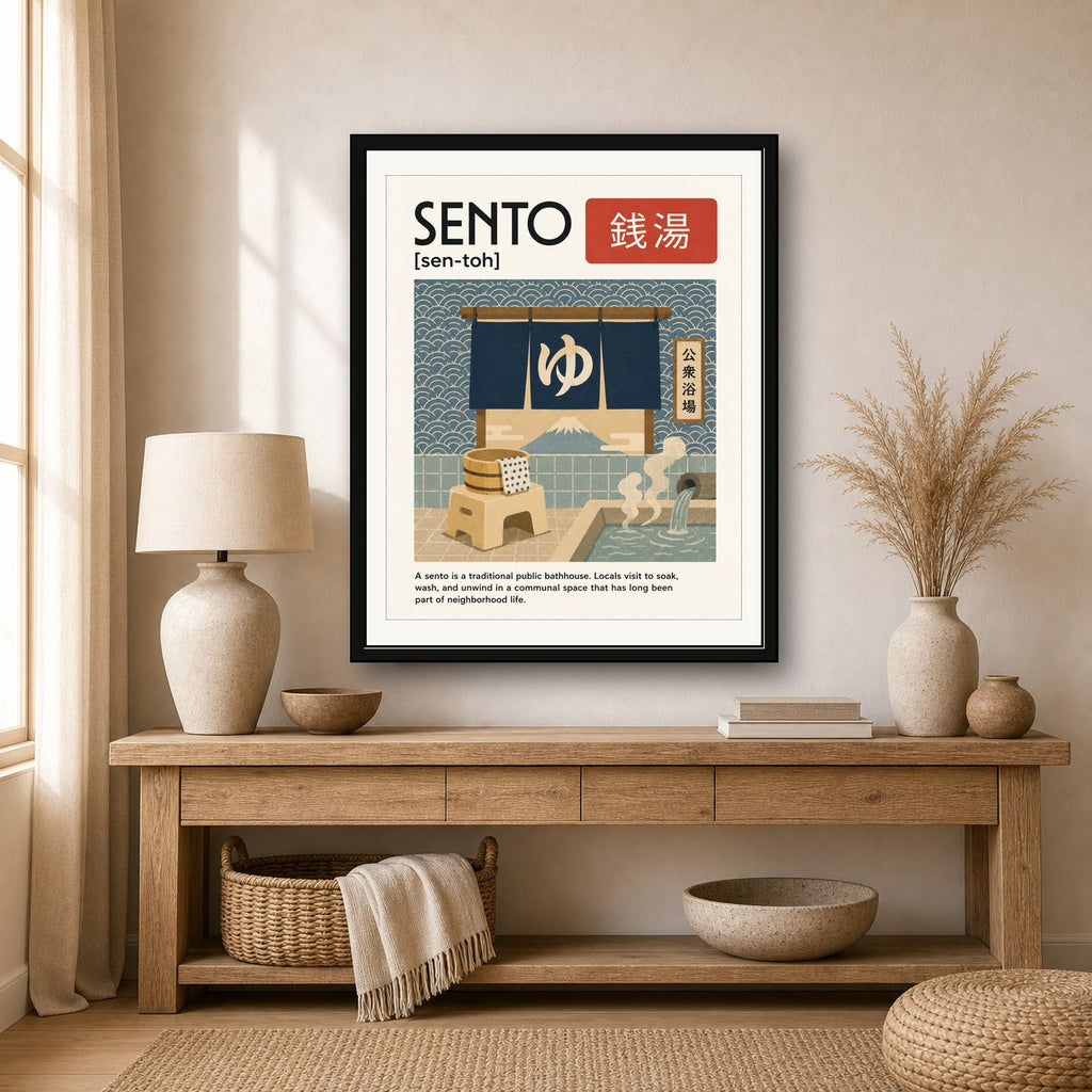 Sento Bathhouse & Mount Fuji Poster, Japanese Travel Wall Art in Various Sizes - corrected 4x5 room mockup