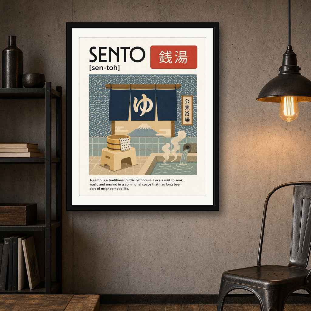 Sento Bathhouse & Mount Fuji Poster, Japanese Travel Wall Art in Various Sizes - corrected 4x5 room mockup