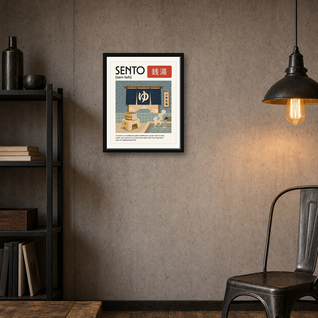 Sento Bathhouse & Mount Fuji Poster, Japanese Travel Wall Art in Various Sizes - corrected 4x5 room mockup