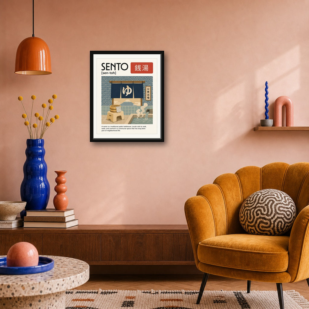 Sento Bathhouse & Mount Fuji Poster, Japanese Travel Wall Art in Various Sizes - corrected 4x5 room mockup