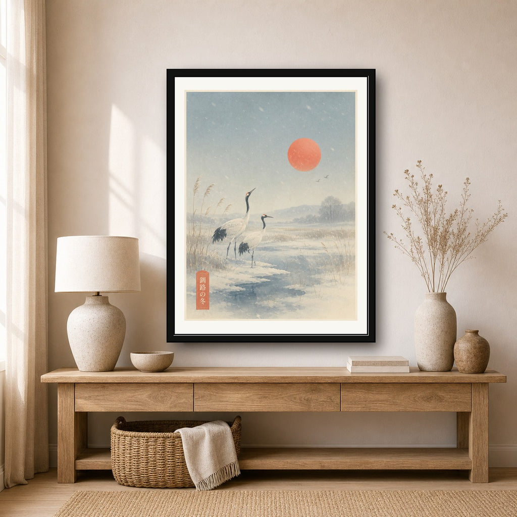 Serene Cranes & Sunrise Poster, Winter Japanese Landscape Wall Art, Ukiyo-e Inspired Print in Multiple Sizes - corrected 3x4 room mockup
