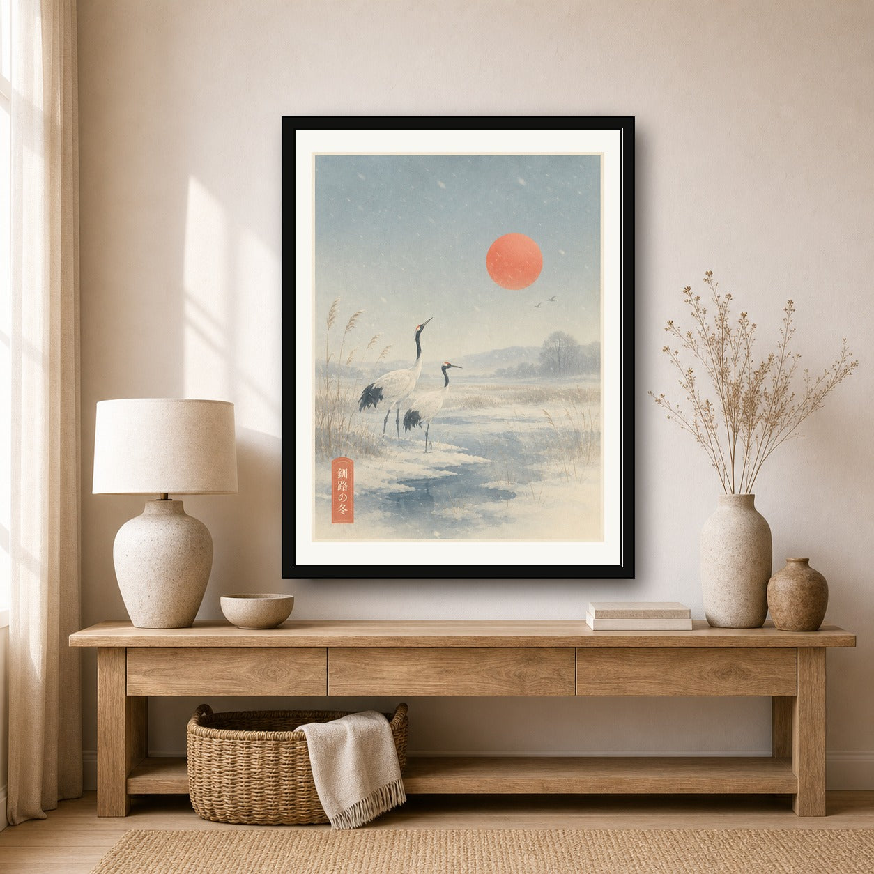 Serene Cranes & Sunrise Poster, Winter Japanese Landscape Wall Art, Ukiyo-e Inspired Print in Multiple Sizes - corrected 3x4 room mockup