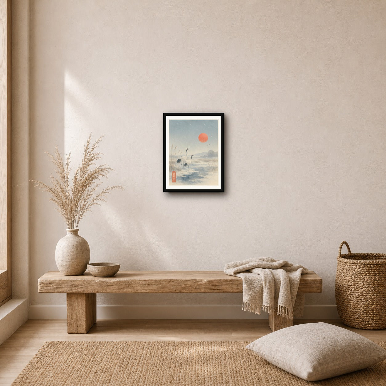 Serene Cranes & Sunrise Poster, Winter Japanese Landscape Wall Art, Ukiyo-e Inspired Print in Multiple Sizes - corrected 3x4 room mockup