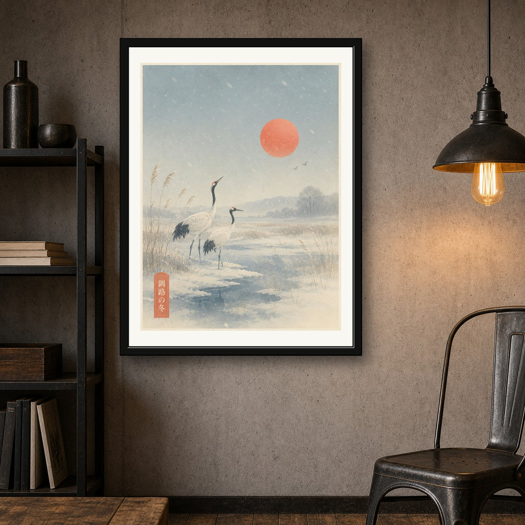 Serene Cranes & Sunrise Poster, Winter Japanese Landscape Wall Art, Ukiyo-e Inspired Print in Multiple Sizes - corrected 3x4 room mockup