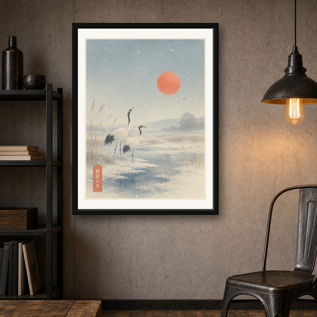 Serene Cranes & Sunrise Poster, Winter Japanese Landscape Wall Art, Ukiyo-e Inspired Print in Multiple Sizes - corrected 3x4 room mockup