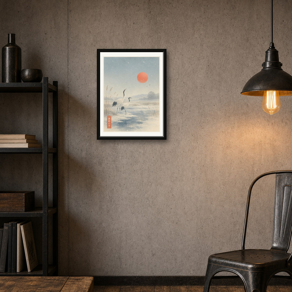 Serene Cranes & Sunrise Poster, Winter Japanese Landscape Wall Art, Ukiyo-e Inspired Print in Multiple Sizes - corrected 3x4 room mockup