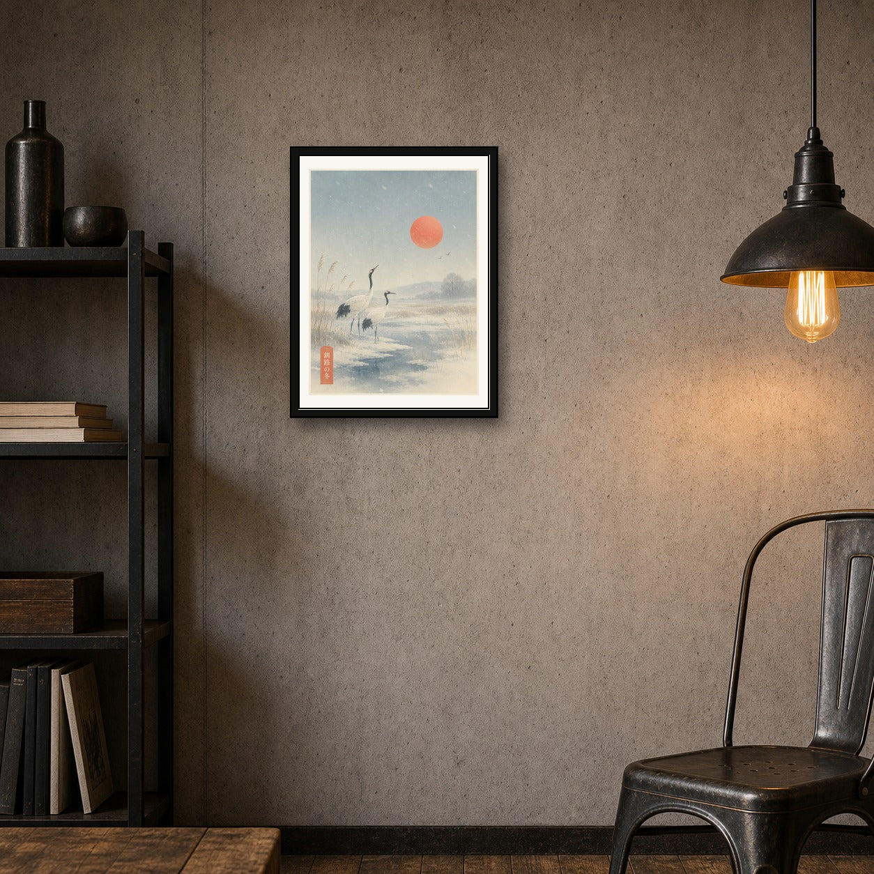 Serene Cranes & Sunrise Poster, Winter Japanese Landscape Wall Art, Ukiyo-e Inspired Print in Multiple Sizes - corrected 3x4 room mockup