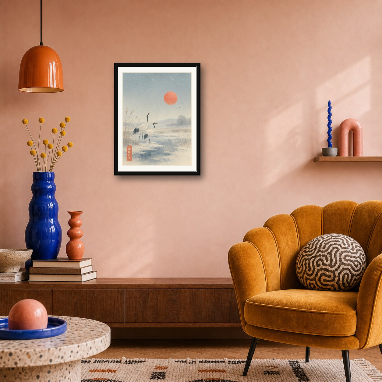 Serene Cranes & Sunrise Poster, Winter Japanese Landscape Wall Art, Ukiyo-e Inspired Print in Multiple Sizes - corrected 3x4 room mockup
