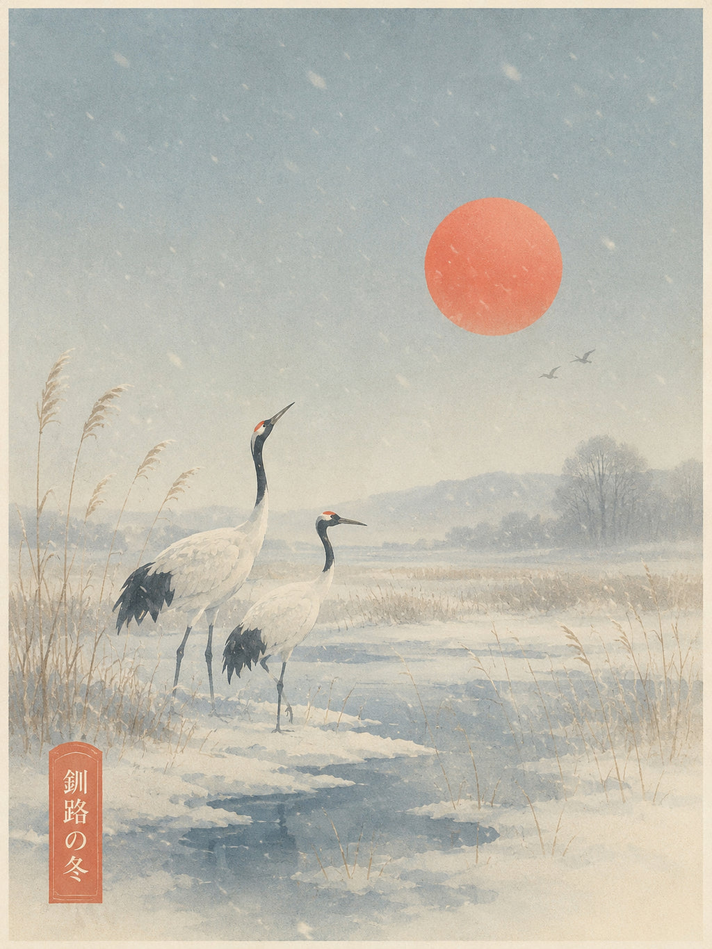 Serene Cranes & Sunrise Poster, Winter Japanese Landscape Wall Art, Ukiyo-e Inspired Print in Multiple Sizes - corrected 3x4 flat artwork