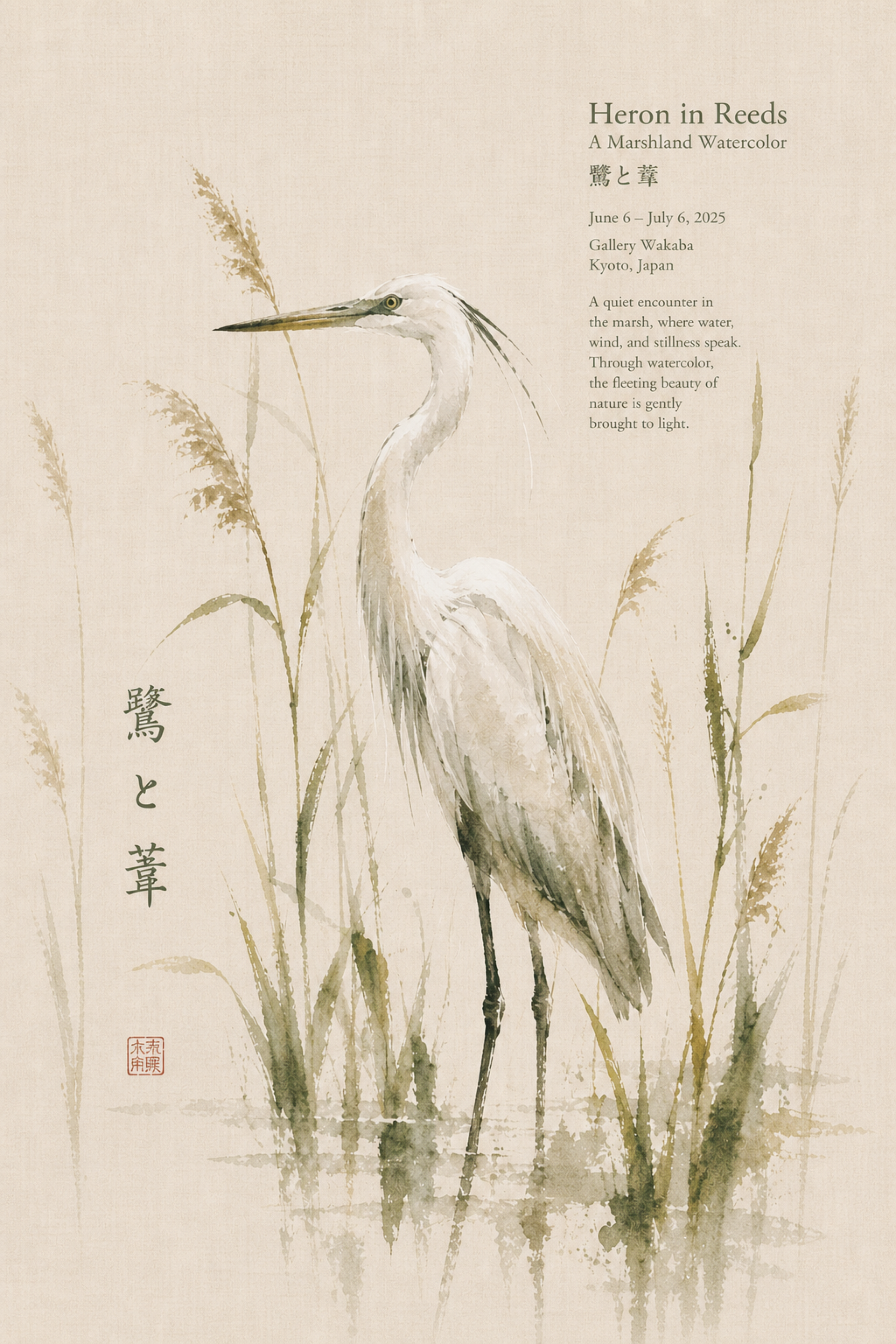 Serene Heron in Reeds Watercolor Poster - full 2:3 artwork
