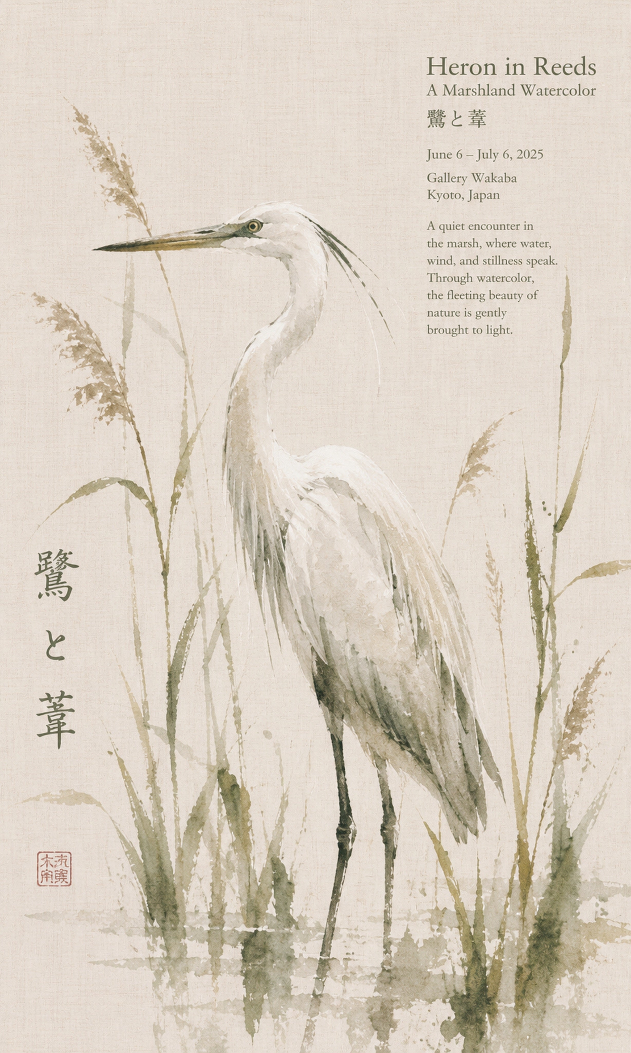 Serene Heron in Reeds Watercolor Poster, Japanese Marshland Art Print for Tranquil Decor