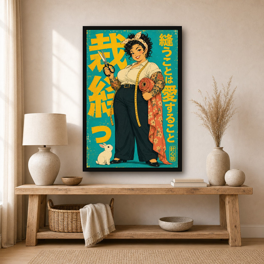 Sewing Girl Japanese Retro Poster Print - 2x3 room mockup