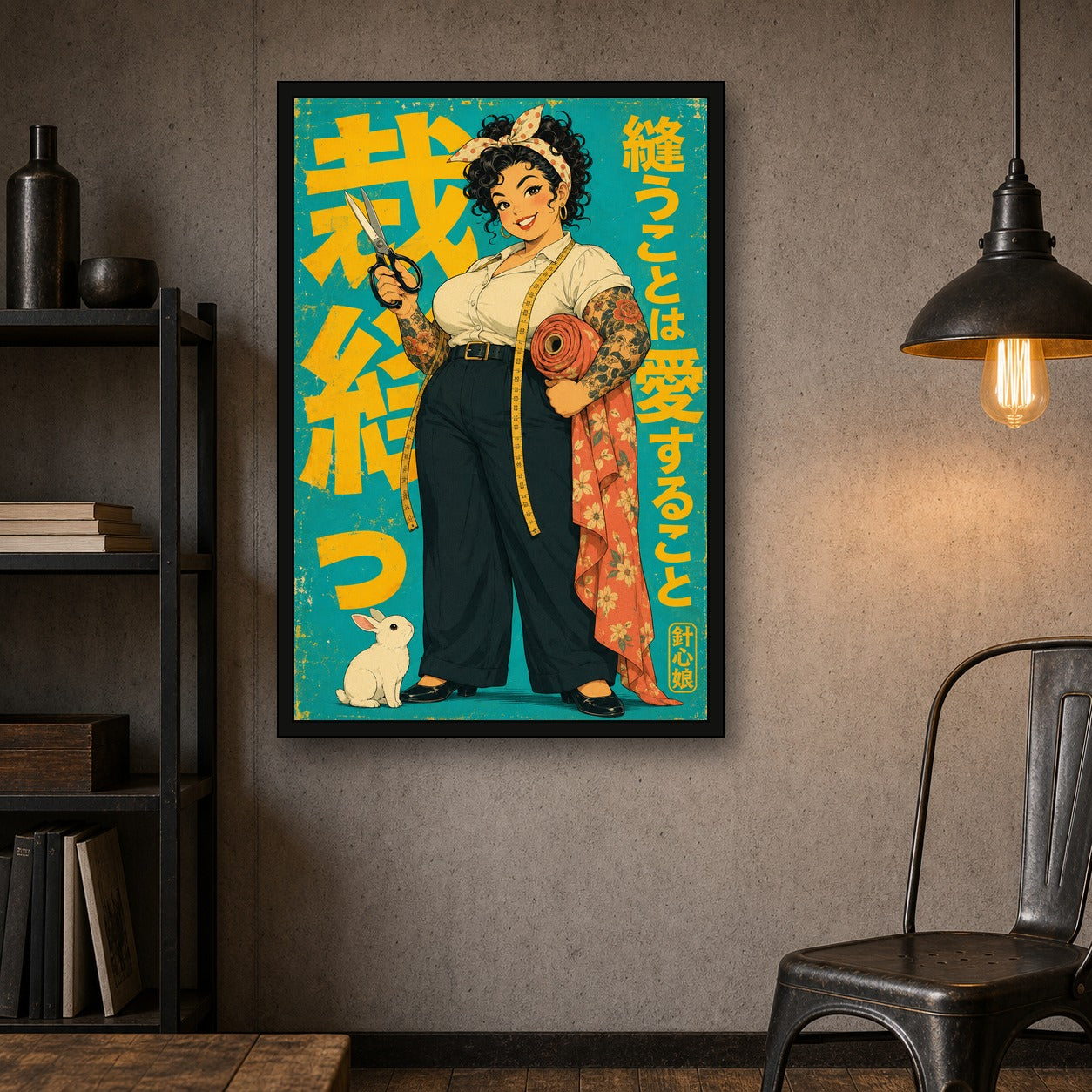 Sewing Girl Japanese Retro Poster Print - 2x3 room mockup