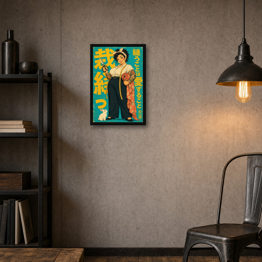 Sewing Girl Japanese Retro Poster Print - 2x3 room mockup