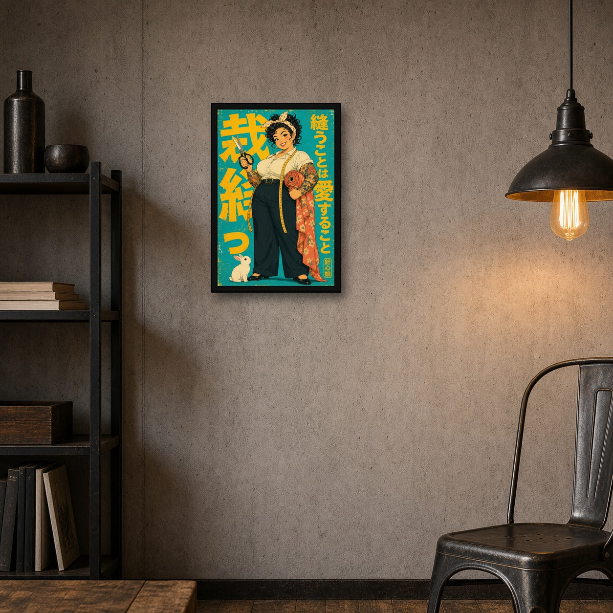 Sewing Girl Japanese Retro Poster Print - 2x3 room mockup