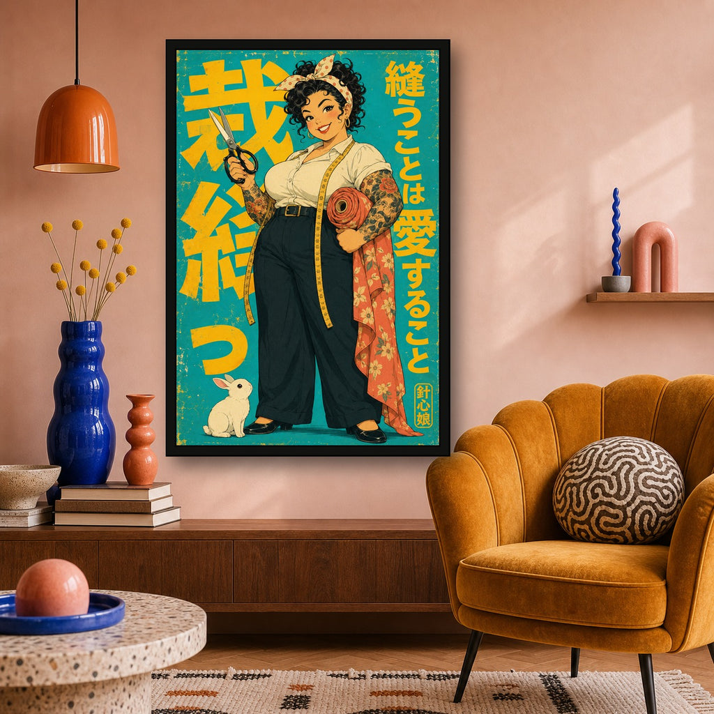 Sewing Girl Japanese Retro Poster Print - 2x3 room mockup