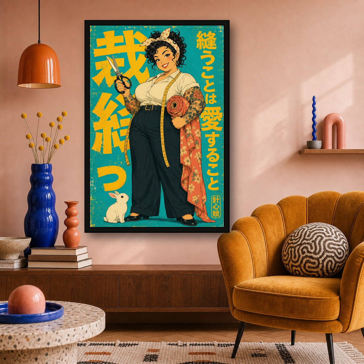Sewing Girl Japanese Retro Poster Print - 2x3 room mockup