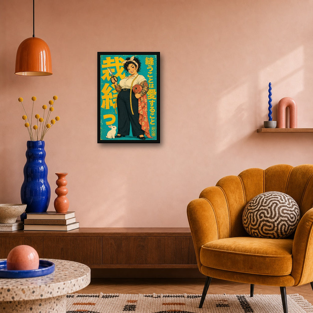Sewing Girl Japanese Retro Poster Print - 2x3 room mockup