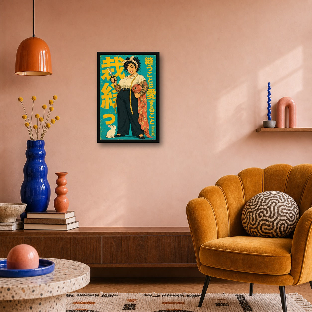Sewing Girl Japanese Retro Poster Print - 2x3 room mockup