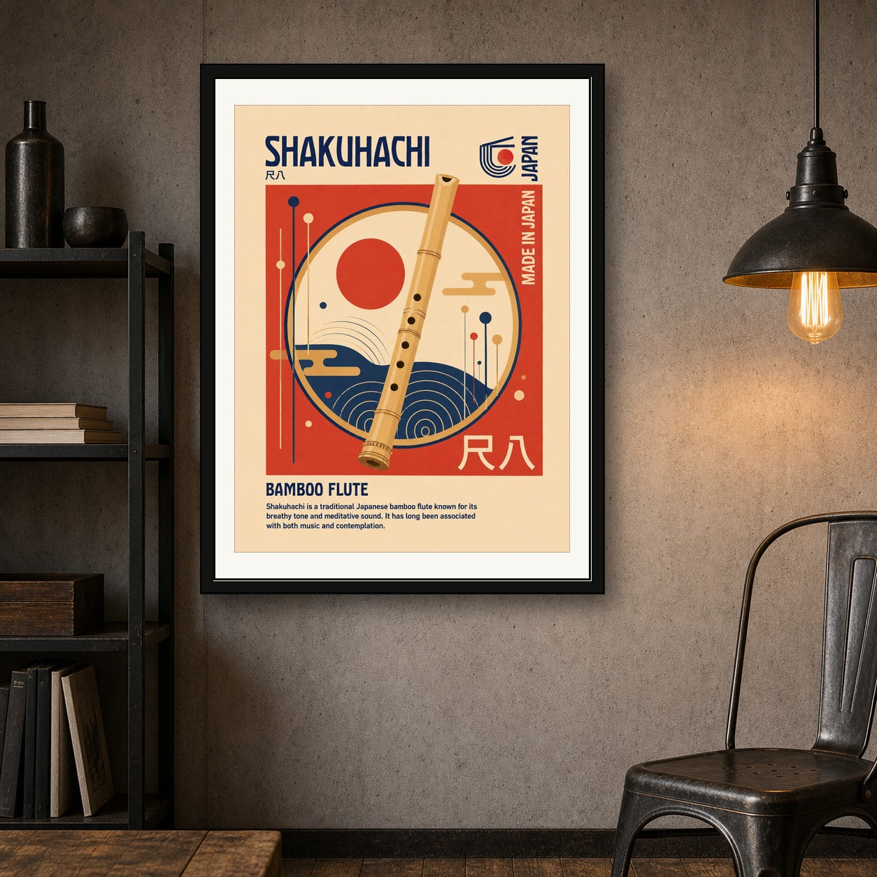 Shakuhachi Bamboo Flute Art Print - Japanese Zen Decor Poster, Made in Japan Wall Art in Various Sizes - corrected 3x4 room mockup