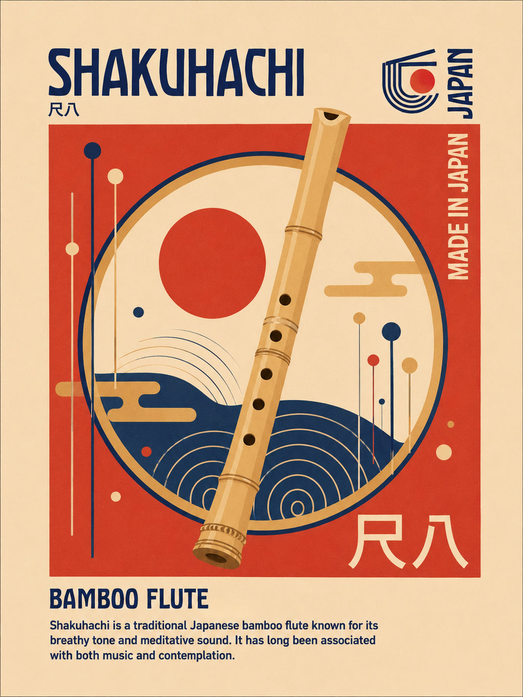 Shakuhachi Bamboo Flute Art Print - Japanese Zen Decor Poster, Made in Japan Wall Art in Various Sizes - corrected 3x4 flat artwork