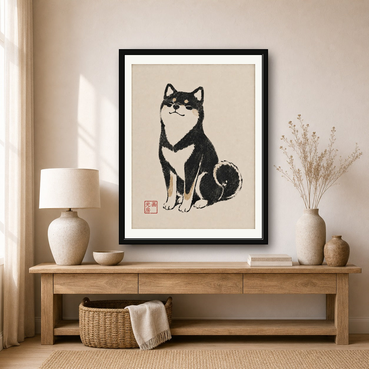 Shiba Inu Art Print, Japanese Ukiyo-e Style Dog Poster, Zen Minimalist Pet Wall Art, Black & Tan - corrected 3x4 room mockup