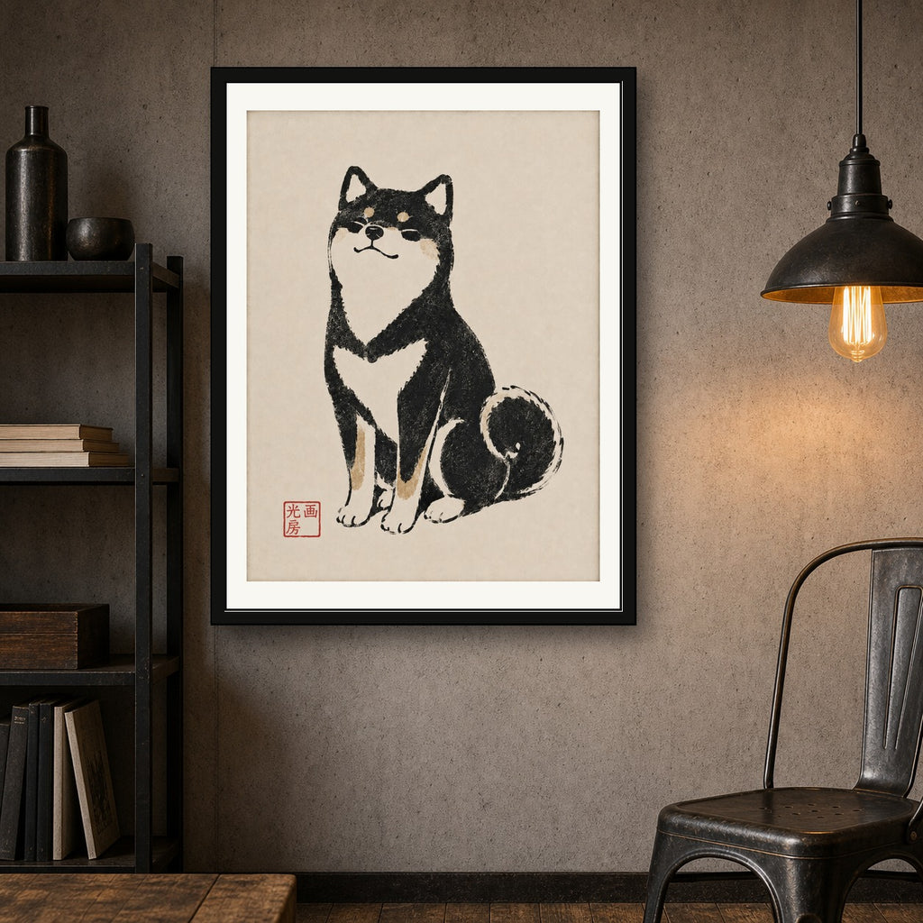 Shiba Inu Art Print, Japanese Ukiyo-e Style Dog Poster, Zen Minimalist Pet Wall Art, Black & Tan - corrected 3x4 room mockup