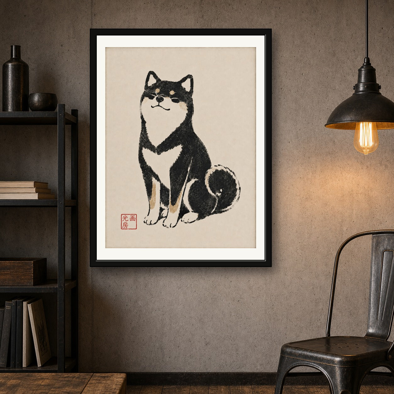 Shiba Inu Art Print, Japanese Ukiyo-e Style Dog Poster, Zen Minimalist Pet Wall Art, Black & Tan - corrected 3x4 room mockup